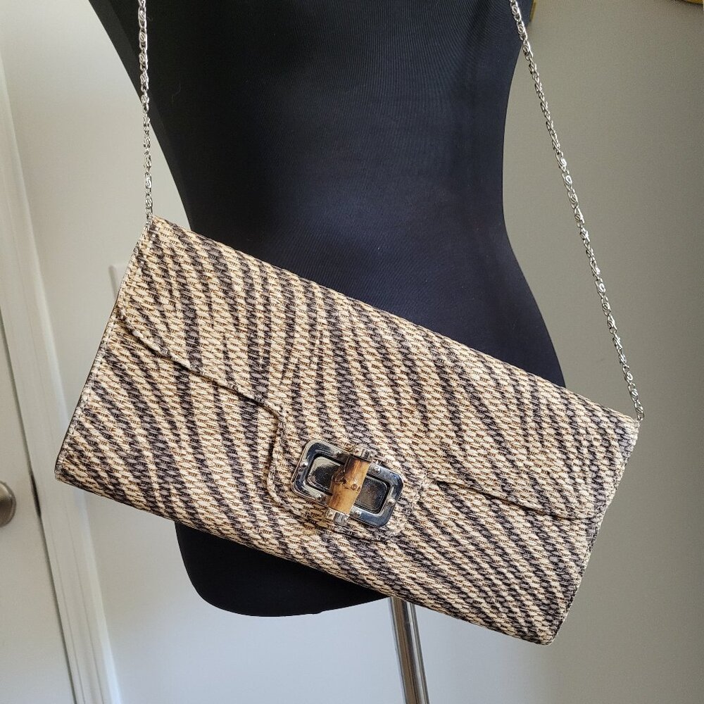 Large Zebra Straw Clutch with Extra Long Det. Silver chain & Bamboo Close